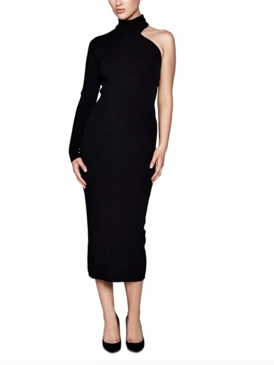 Bardot Dresses & Skirts - Bardot Black Knit Turtleneck One Shoulder Midi Dress